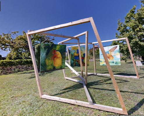 Cette photo montre des tableaux d'oiseaux, suspendus à des structures en bois dans un grand jardin, devant les vignobles du domaines des dames de hautecour.