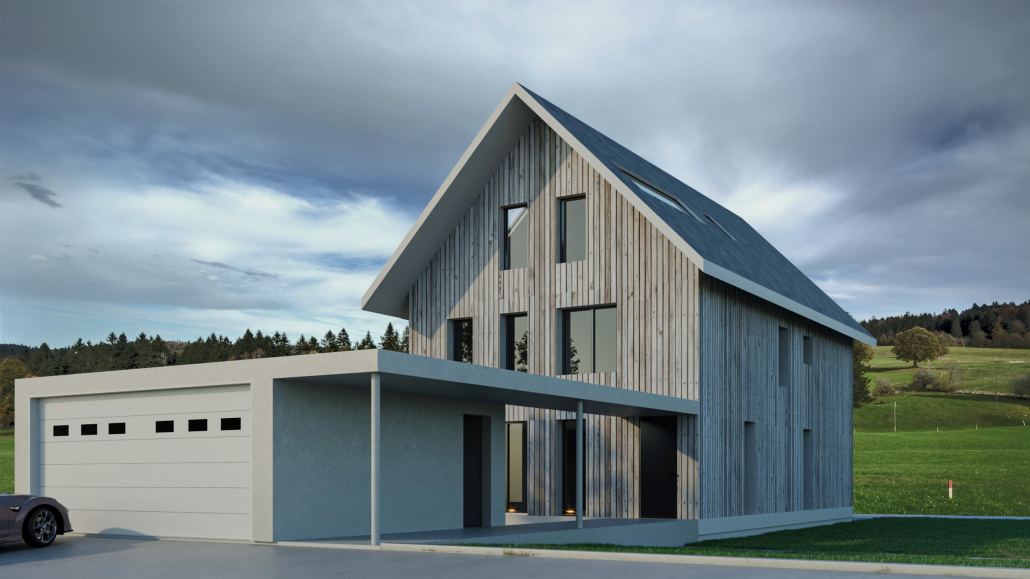 image de synthèse d'une villa incrustée dans un vrai paysage pour la page visite virtuelle pour l'immobilier neuf de 3D Swiss View